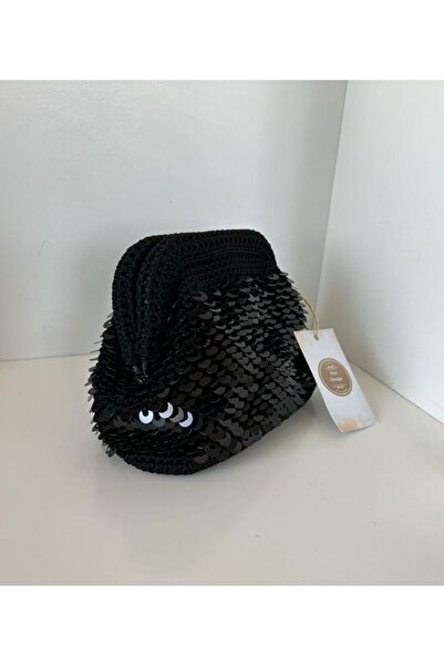 PeriStore Siyah Pullu Şık El Örmesi Gece Çantası 17x22 Cm