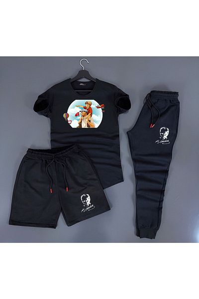 Rex Darius 3-Piece Unisex Combination Ataturk Printed White, Black, Red, Yellow T-shirt, Black, Gray Shorts and Sweatpants