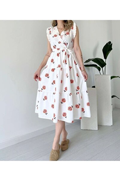 PB POLEN BUTİK Rochie cu mâneci dublu cu volane cu imprimeu floral