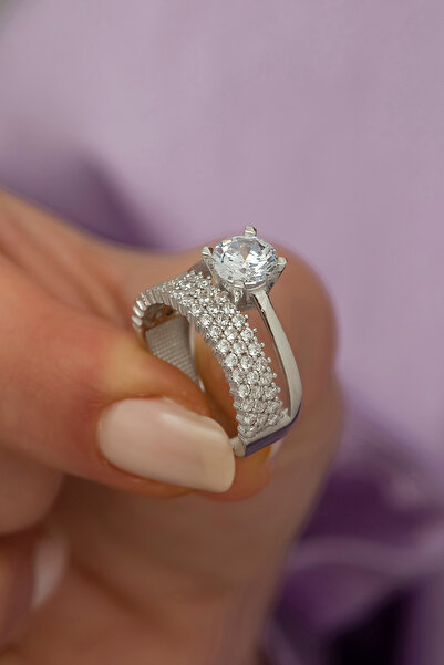 ALYANSEVİM Gümüş 3 Sıra Tamtur Yüzük Ve Tektaş Yüzük Kombini