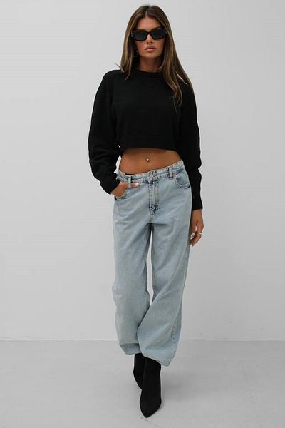 bayansepeti Γυναικείο Crop πουλόβερ με μακρύ μανίκι Crew Neck - Μαύρο μανίκι Raglan, 24W16025
