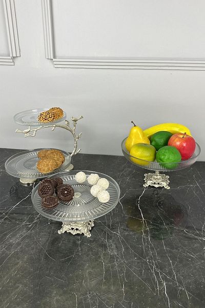 MAY HOME 3-Piece Special Standing Glass Serving Set & Fruit Cookie Cake Dessert Presentation Bowl Plate Set