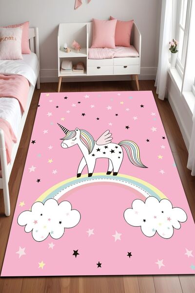 Noble Halı Dijital Baskı Pembe Unicorn Yıldız Desenli Dekoratif Makinada Yıka...