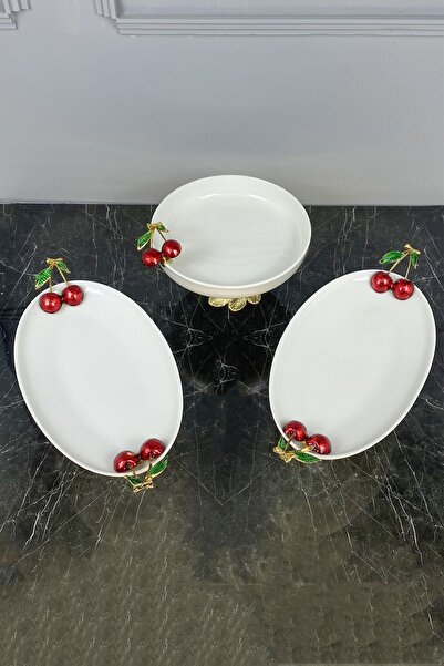 MAY HOME Kiraz Kulplu 3'lü Ayaklı Porselen Tabak Kase Seti