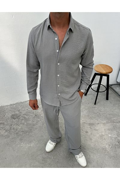 King Brothers Set cămașă pentru bărbați, gri, slim fit, din in - Fit complet