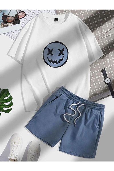 Rex Darius Unisex Oversize Smiling Printed White Crew Neck T-shirt Baby Blue Shorts