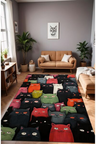 Noble Halı Dijital Baskı Sevimli Kediler Dekoratif Yıkanabilir Mutfak Halısı ...