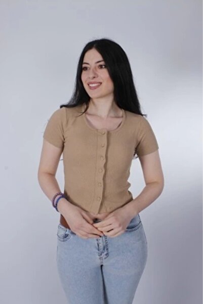 ayakuydur Kadın Düğme Detaylı Kısa Kollu Kahverengi Triko T-shirt