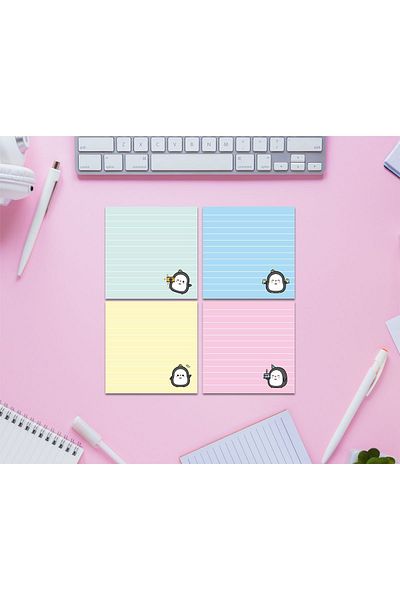 Pine Note Set of 4 Striped Penguin Patterned Kawaii Memopad, Notepad, Memo Pad, Notebook, Planner