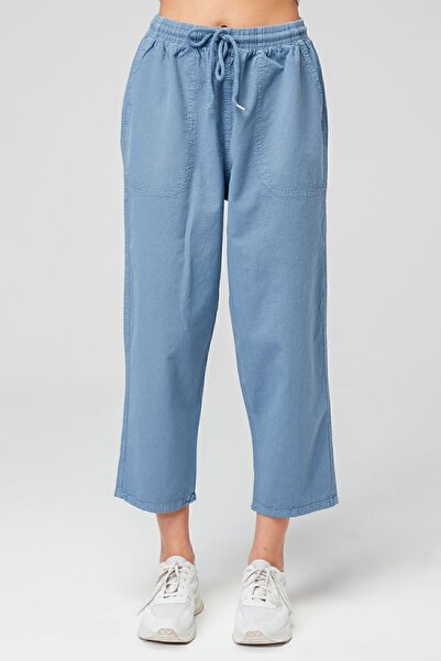 MONAHA Kadın Açık Mavi Rahat Kesim Bilek Boy Keten Pantolon - Pamuklu, Yüksek Bel, Yazlık Monaha
