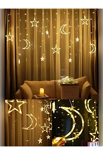 rkm store Dekoratif 8 Modlu Ay Yıldız Perde Led Gün Işığı Ramazan Süsleme Işık Hilal Yıldız Fişli Saçak Led