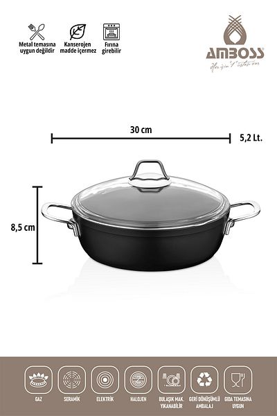 Amboss Dark Granite Flat Pot with Glass Lid Fireproof Non-Stick Titanium Coating - 30 cm