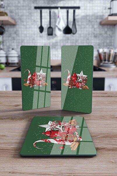 Decovetro Cam Sunum Servis Tabağı 3'lü Dikdörtgen Set Yeşil Yılbaşı Kar Desenli