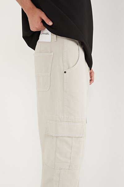 DİFRANSEL Ανδρικό μπεζ φαρδύ παντελόνι Cargo με τσέπες