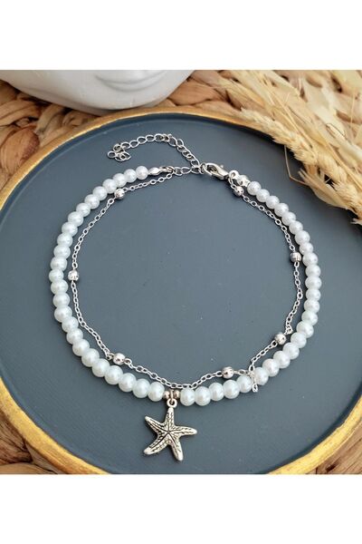 HALHALMILL Kadın Incili Deniz Yıldızı Gümüş Renkli Halhal