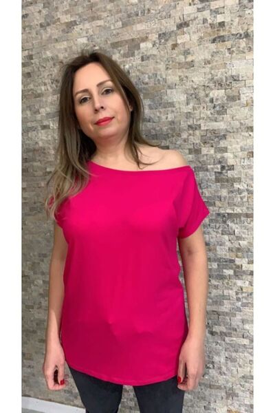 SİSTERS2HC Tek Omuz Dekolteli Kayık Yaka Viskon Merserize Kumaş Fuşya T-shirt