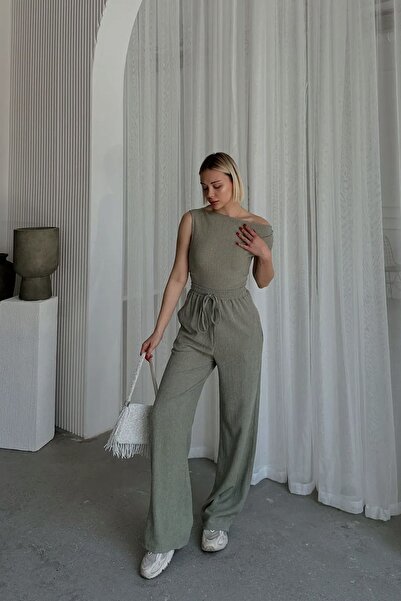 R&G RIMANERE GIOVANI One Shoulder Khaki Blouse and Trousers Set - Sleeveless