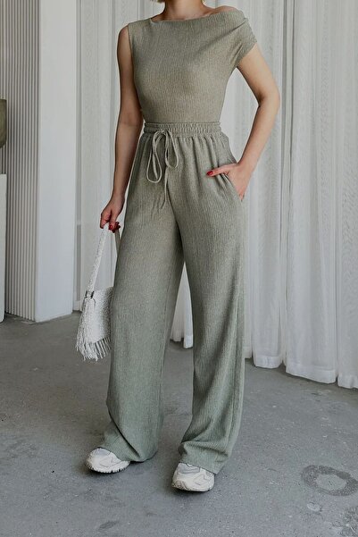 R&G RIMANERE GIOVANI One Shoulder Khaki Blouse and Trousers Set - Sleeveless