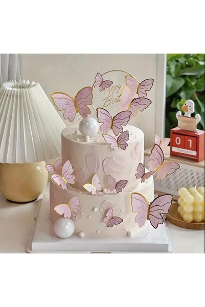 kidspartim Pink Butterfly Pattern - Decorative Paper Stick Cake Top Set of 11