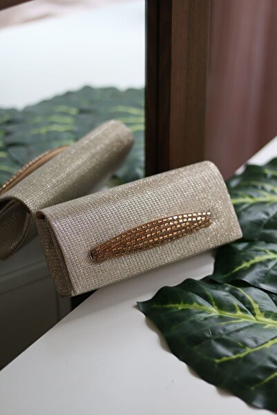 Moom Bag Women's Silvery Gold Evening Dress Bag with Stone Holding Detail