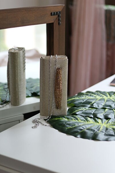 Moom Bag Women's Silvery Gold Evening Dress Bag with Stone Holding Detail