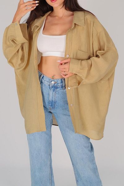 Suzi butik Cămașă de damă, supradimensionată, cu umăr deschis, din țesătură kaki - Mărime standard 4854