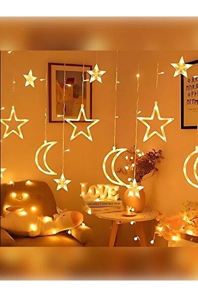 rkm store Dekoratif 8 Modlu Ay Yıldız Perde Led Gün Işığı Ramazan Süsleme Işık Hilal Yıldız Fişli Saçak Led