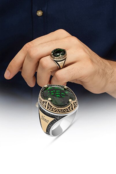 ALYANSEVİM Oval Yeşil Taşlı İsimli 925 Gümüş Erkek Yüzük