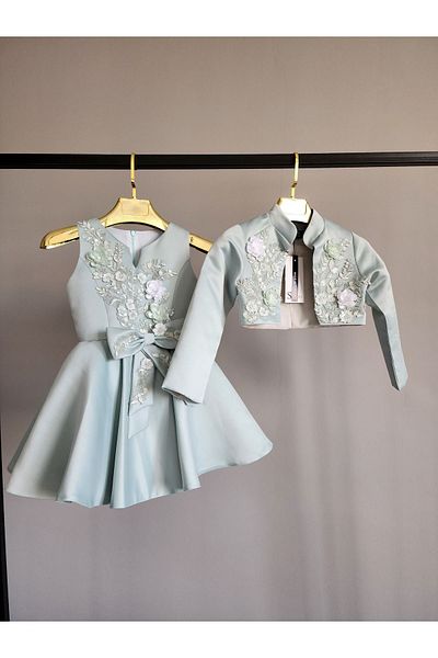 SCSTİL CUBE GREEN APPLIQUED BOW KIDS DRESS BOLERO SET