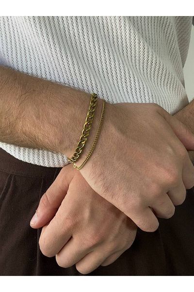 Arvens Gold Two Chain Men's Bracelet Stainless Steel Women's Non-Tarnish Unisex Color-Tossing