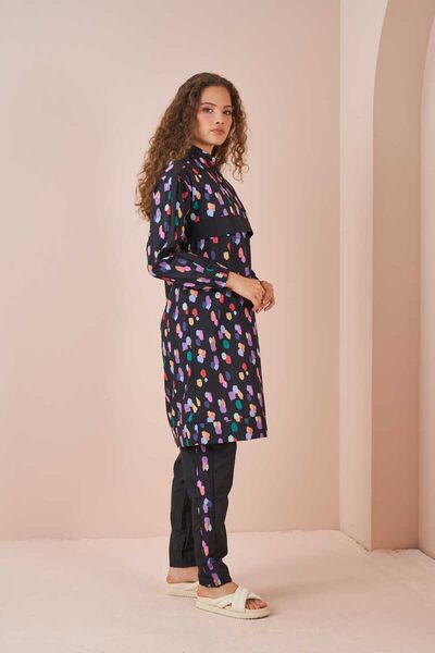Mevra Polka Dot Pattern Hijab Swimsuit Long Black