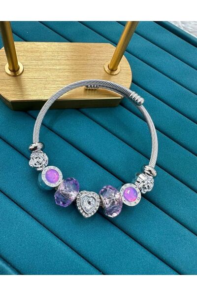 CLARİS Love Yazılı Kalpli Taşlı Charm Mor Çelik Pandora Bileklik