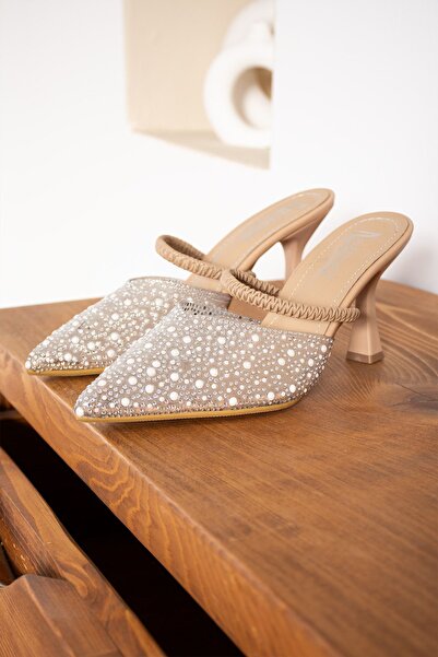 Pazzyonez Rochie de seara de dama, bej auriu, brodata cu piatra transparenta, pantofi cu toc stiletto