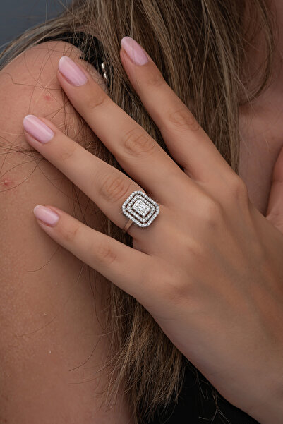 ALYANSEVİM Beyaz Zirkon Taşlı Baget Gümüş Tektaş Yüzük