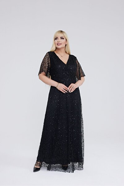 VOLİNAY TEKSTİL Büyük Beden Uzun Payetli Esnek Kumaş Abiye Elbise