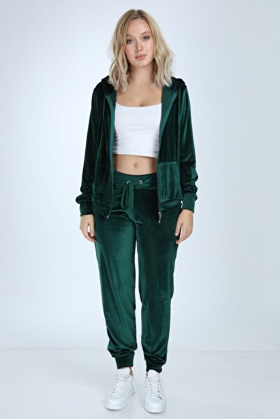 İkmal Kadın Zümrüt Yeşil Taşsız Paça Lastik Kadife Takım