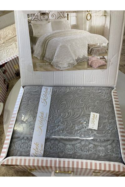 Kelebek Double Blanket Bedspread Set Gray Color in Dowry Box