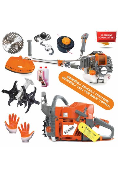 BÖHRER Alman 15 Hp/h Yan Tipi Benzinli Tırpanı  + Benzinli 20'' 55cm Hızar Testeresi + Çapa Aparatı