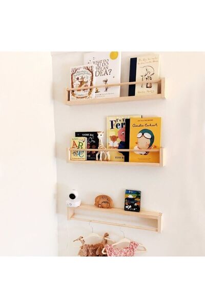 EMTA 50 Cm 3 Lü Yuvarlak Çıtalı Ahşap Raf Askılık Montessori Kitaplık