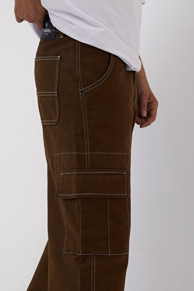 DİFRANSEL Ανδρικό φαρδύ παντελόνι Cargo Brown με τσέπες