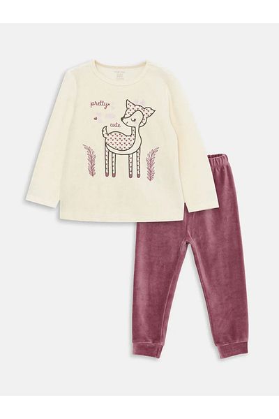 LC Waikiki LCW baby Crew Neck Long Sleeve Printed Velvet Baby Girl Pajama Set