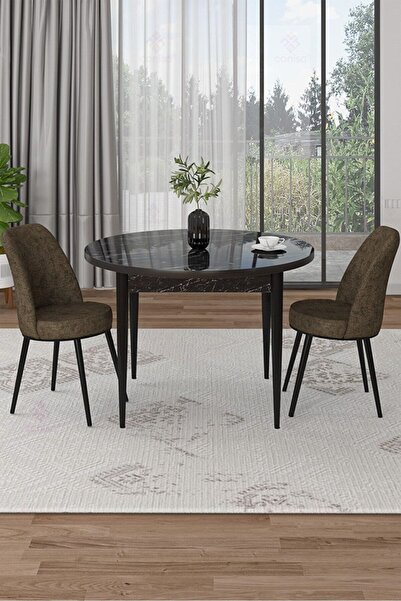 Canisa Tor Serisi Yuvarlak 90x90 Siyah Mermer Desenli Sabit Masa 2 Kahverengi...