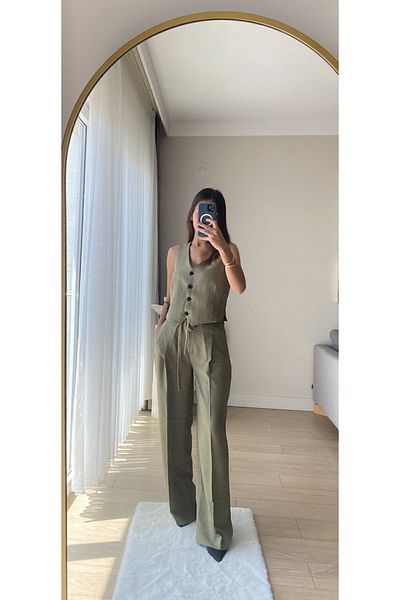 cn novembersun Set vestă și pantaloni cu brâu pentru femei din kaki