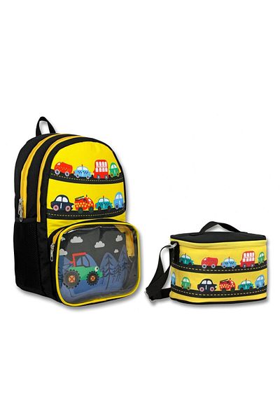 ÜMİT ÇANTA Cennec Transparent Compartment Yellow Black Vehicles Primary School Backpack and Lunch Box Set - Boy