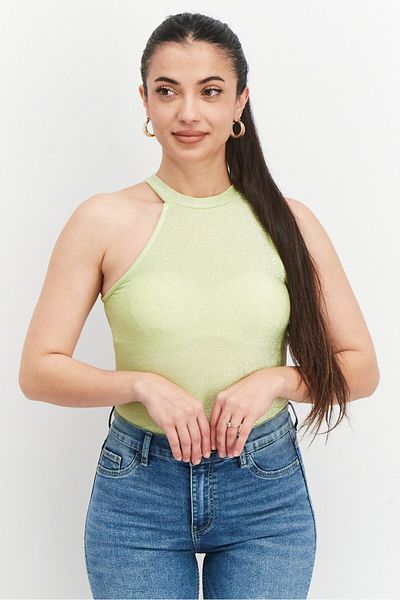 Sinsay Women Halter Neckline Sleeveless Metallic Crop Top, Light Green
