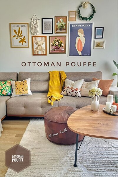 Ottoman Pouffe Hakiki Deri El Emeği Iskandinav Bohem Bahçe Balkon Yer Ayak Uzatma Minderi 60x38cm(DOLGULU)