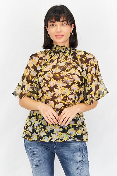 Joie Women Mock Neck Bell Sleeve Allover Print Top, Black Combo