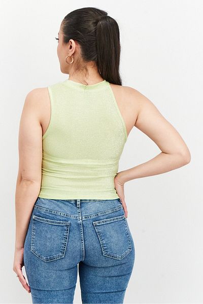 Sinsay Women Halter Neckline Sleeveless Metallic Crop Top, Light Green