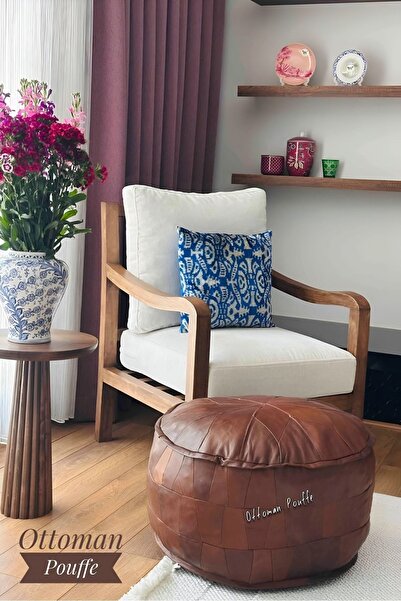 Ottoman Pouffe Hakiki Deri El Emeği Iskandinav Bohem Bahçe Balkon Yer Ayak Uzatma Minderi 60x38cm(DOLGULU)