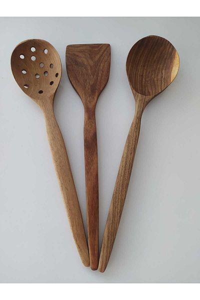 ncy Handmade Olive Patterned Boxwood Sturdy Walnut Tree Spoon Set 3 Pieces